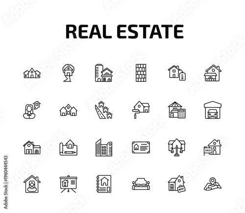 real estate outline icon set. 24 linear vector for ui, web and mobile. thin line house decoration, tree house, property and more icons.