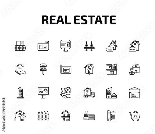 real estate outline icon set. 24 linear vector for ui, web and mobile. thin line balcony, plans, billboard and more icons.