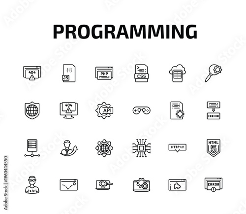 programming outline icon set. 24 linear vector for ui, web and mobile. thin line error 404, js, php and more icons.