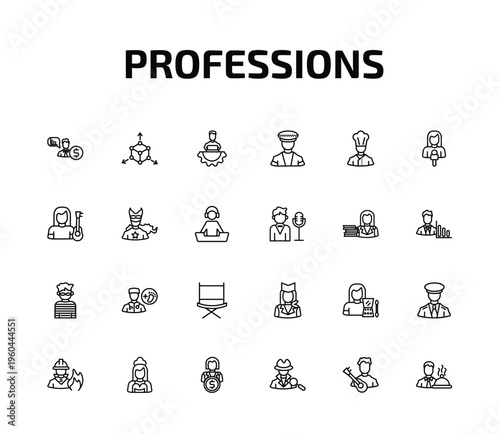professions outline icon set. 24 linear vector for ui, web and mobile. thin line financial advisor, model, it manager and more icons.