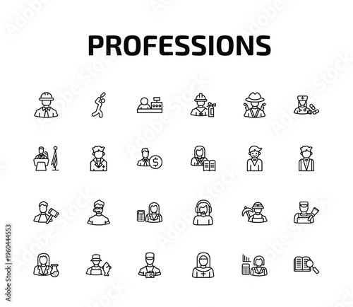 professions outline icon set. 24 linear vector for ui, web and mobile. thin line civil engineer, cricket player, cashier and more icons.