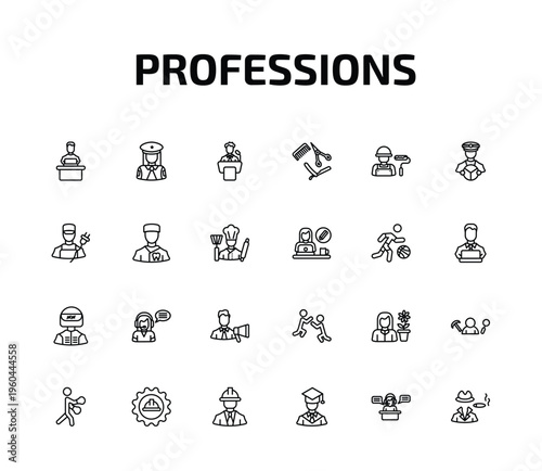 professions outline icon set. 24 linear vector for ui, web and mobile. thin line software developer, policewoman, politician and more icons.