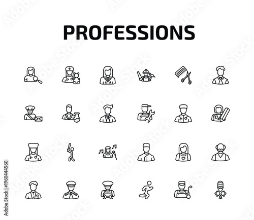professions outline icon set. 24 linear vector for ui, web and mobile. thin line hr specialist, pediatrician, lawyer and more icons.