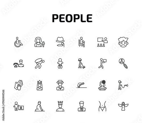 people outline icon set. 24 linear vector for ui, web and mobile. thin line handicapped, foreign reporter, sir and more icons.