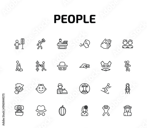 people outline icon set. 24 linear vector for ui, web and mobile. thin line traffic hand, success man happy, working at the office and more icons.