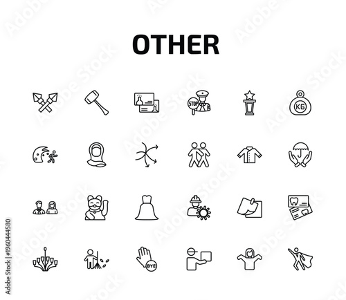 other outline icon set. 24 linear vector for ui, web and mobile. thin line lance, mallet, chemistry business card and more icons.