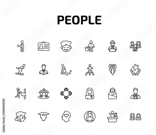 people outline icon set. 24 linear vector for ui, web and mobile. thin line spindle, identification ard, relieved smile and more icons.