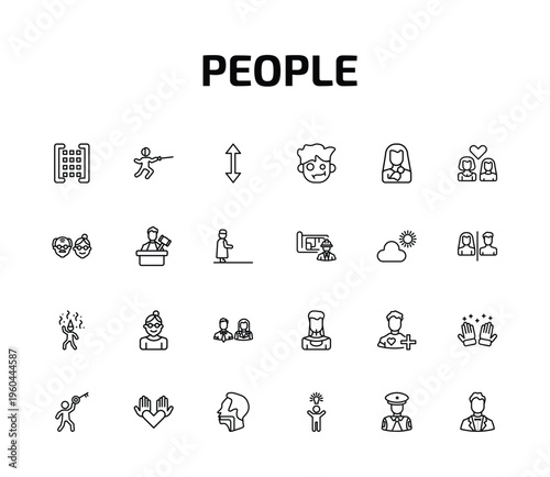 people outline icon set. 24 linear vector for ui, web and mobile. thin line matrix, fencing attack, vertical and more icons.
