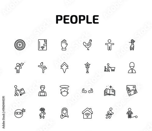 people outline icon set. 24 linear vector for ui, web and mobile. thin line roulette table, smart wallet, slap and more icons.