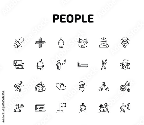 people outline icon set. 24 linear vector for ui, web and mobile. thin line baby pacifier, interlock, overweight and more icons.