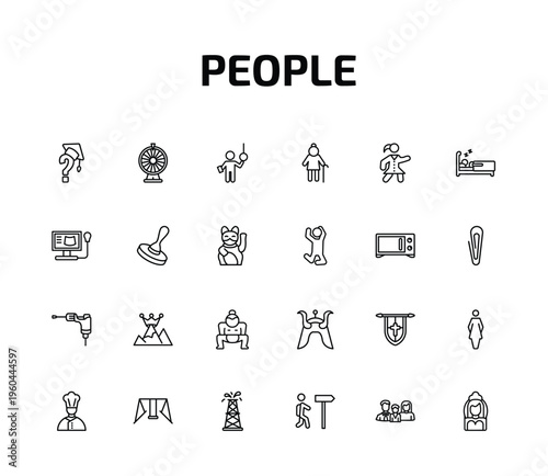people outline icon set. 24 linear vector for ui, web and mobile. thin line graduation's questions, loto, ticket collector and more icons.