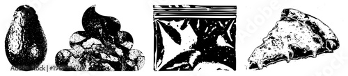 Four stylized food items rendered in halftone vector style avocado, dried fruit pile, sealed snack bag, cheesy pizza slice., graphic, isolated food.