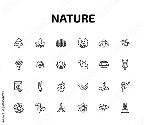 nature outline icon set. 24 linear vector for ui, web and mobile. thin line balsam fir tree, hemp, picket fence and more icons.