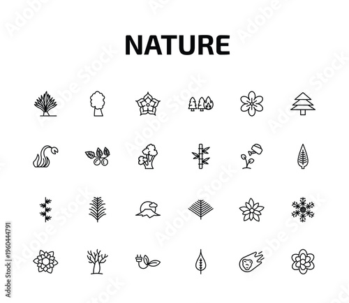 nature outline icon set. 24 linear vector for ui, web and mobile. thin line yucca, american chestnut tree, japanese flower and more icons.