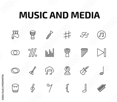 music and media outline icon set. 24 linear vector for ui, web and mobile. thin line bagpipes, djembe, oboe and more icons.