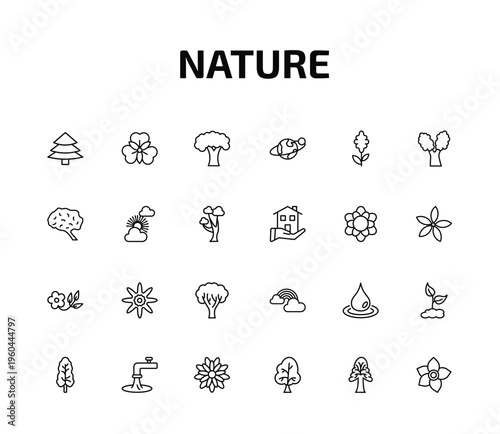 nature outline icon set. 24 linear vector for ui, web and mobile. thin line red spruce tree, alstroemeria, beech and more icons.
