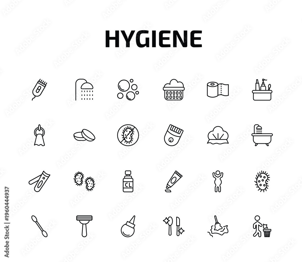 Fototapeta premium hygiene outline icon set. 24 linear vector for ui, web and mobile. thin line electric razor, douche, bubbles and more icons.