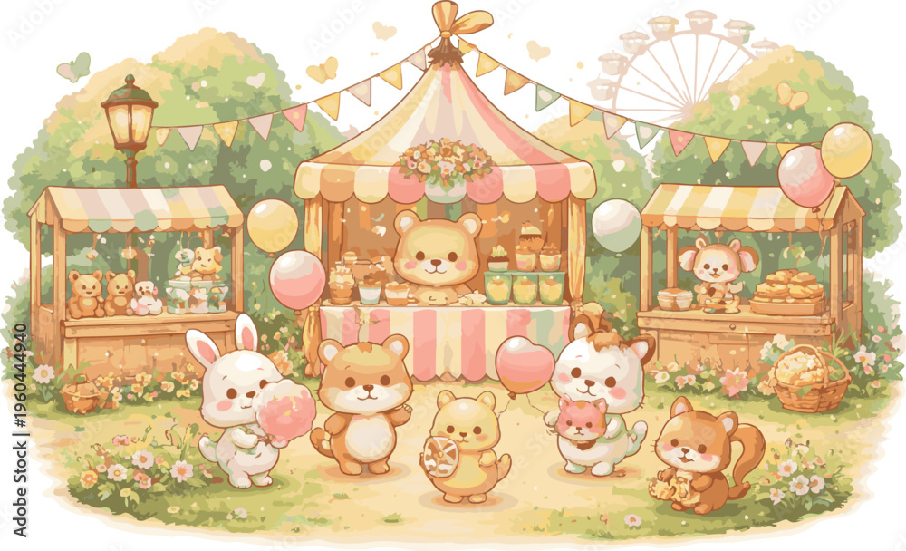 Fototapeta premium Adobe Illustrator Artwork small festival with decorations and happy animals BOOK COVER CLIP ART.