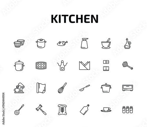 kitchen outline icon set. 24 linear vector for ui, web and mobile. thin line custard cup, saucepan, broiler and more icons.