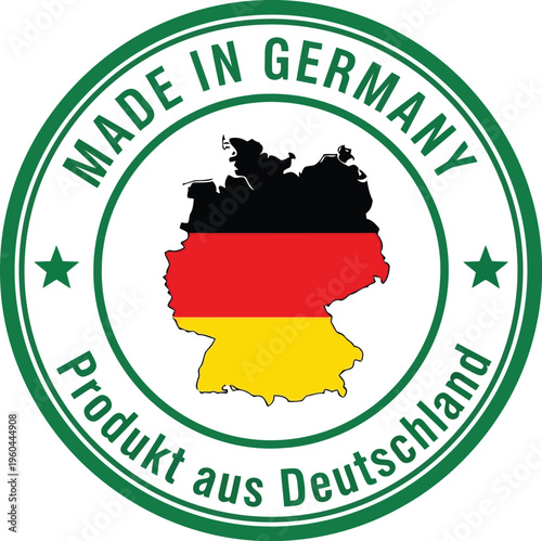 Made in Germany label with national flag map icon for product manufacturing quality seal badge