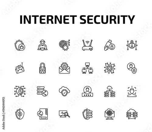 internet security outline icon set. 24 linear vector for ui, web and mobile. thin line malware, hacker, network optimization and more icons.