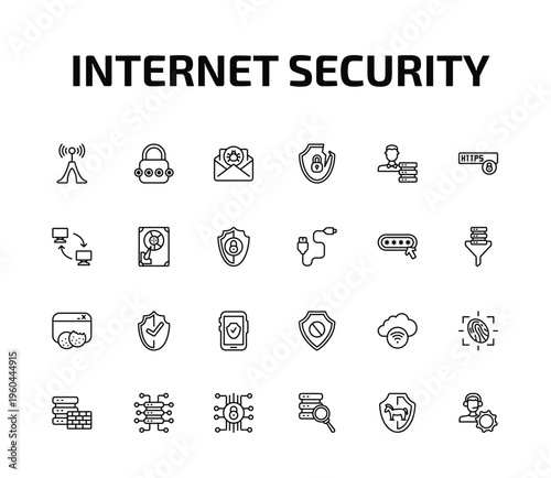 internet security outline icon set. 24 linear vector for ui, web and mobile. thin line wireless connection, passkey, spam and more icons.