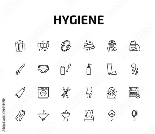 hygiene outline icon set. 24 linear vector for ui, web and mobile. thin line detergent dose, flossing, sanitary napkin and more icons.
