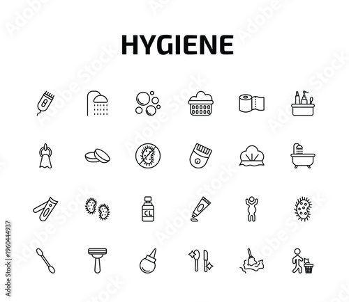 hygiene outline icon set. 24 linear vector for ui, web and mobile. thin line electric razor, douche, bubbles and more icons.