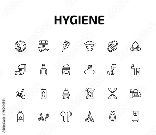 hygiene outline icon set. 24 linear vector for ui, web and mobile. thin line pathogen, hand dryer, depilator and more icons.