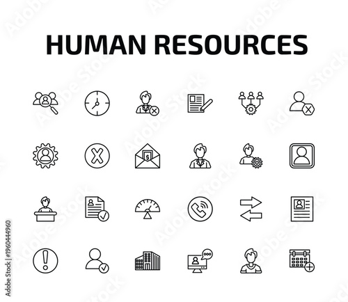 human resources outline icon set. 24 linear vector for ui, web and mobile. thin line recruitment, timing, fired and more icons.