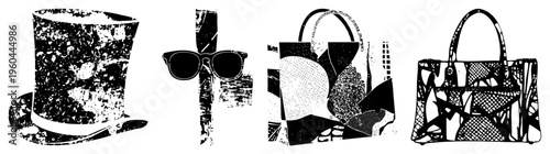 Retro fashion accessories rendered in halftone style top hat, sunglasses, designer handbags. Graphic vector illustration with textured shading and bold.