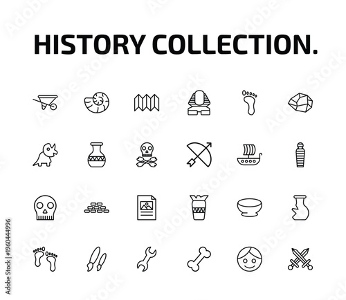 history collection. outline icon set. 24 linear vector for ui, web and mobile. thin line wheelbarrow, fossil, trifold and more icons.