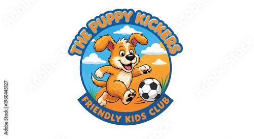 Cute cartoon puppy playing soccer with a ball.