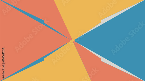 A vibrant abstract geometric pattern featuring colorful triangles and shapes in orange, blue, and yellow hues.