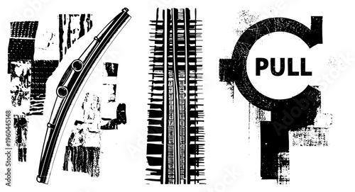 Graphic set of car wiper blade, zipper teeth, and pull handle with distressed texture, vector illustration, design, mechanical, industrial aesthetic.