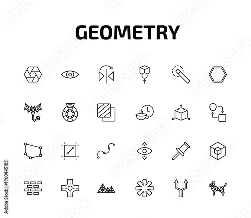 geometry outline icon set. 24 linear vector for ui, web and mobile. thin line polygonal hexagon, preview, mirror horizontally and more icons.