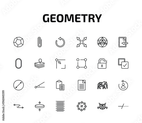 geometry outline icon set. 24 linear vector for ui, web and mobile. thin line dodecahedron, clip, rotate and more icons.