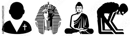 Religious and cultural in minimalist black silhouette, including priest with, pharaoh with striped headdress, meditating Buddha, and bowing skeleton figure.