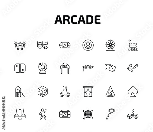 arcade outline icon set. 24 linear vector for ui, web and mobile. thin line glory, theater, video console and more icons.