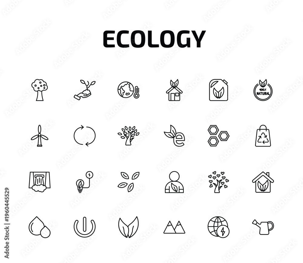 Fototapeta premium ecology outline icon set. 24 linear vector for ui, web and mobile. thin line fruit tree, plant on a hand, warming and more icons.