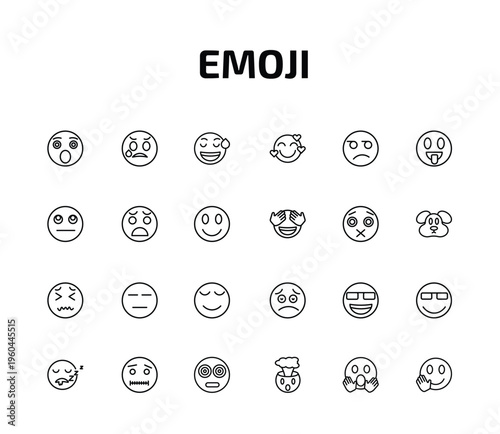 emoji outline icon set. 24 linear vector for ui, web and mobile. thin line shocked emoji, disappointed emoji, sweating and more icons.