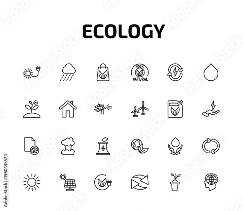 ecology outline icon set. 24 linear vector for ui, web and mobile. thin line solar plug, raining, eco bag and more icons.