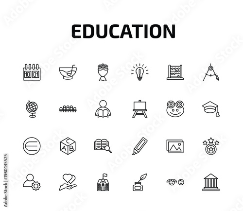 education outline icon set. 24 linear vector for ui, web and mobile. thin line school calendar, punch bowl, bouquet and more icons.