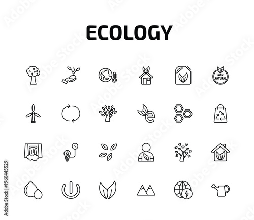 ecology outline icon set. 24 linear vector for ui, web and mobile. thin line fruit tree, plant on a hand, warming and more icons.