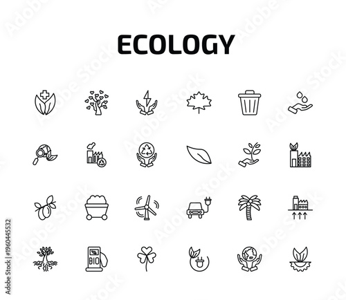 ecology outline icon set. 24 linear vector for ui, web and mobile. thin line natural product, tree with hearts, green energy source and more icons.
