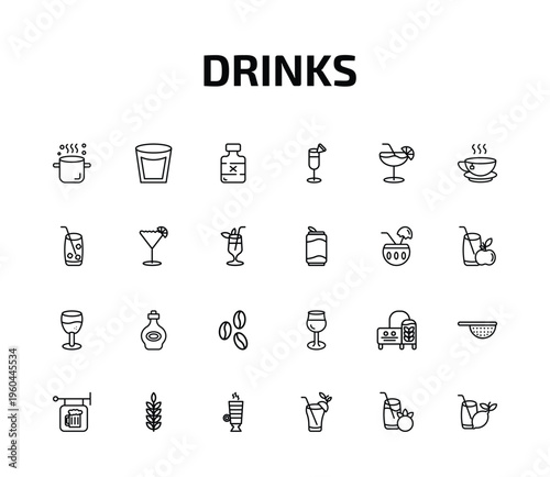 drinks outline icon set. 24 linear vector for ui, web and mobile. thin line boiling, white russian drink, rum and more icons.