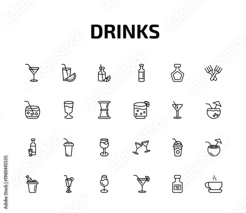drinks outline icon set. 24 linear vector for ui, web and mobile. thin line martini, watermelon juice, juice bottle and more icons.
