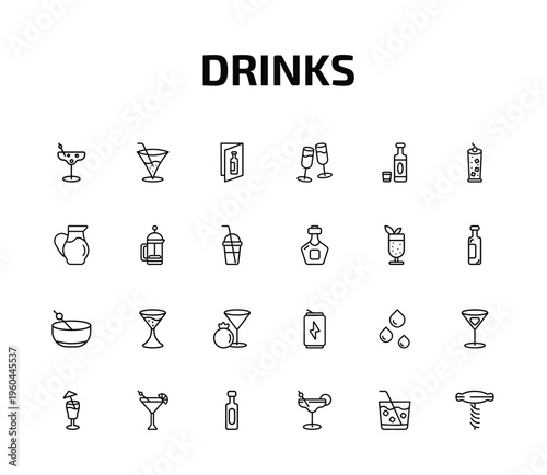 drinks outline icon set. 24 linear vector for ui, web and mobile. thin line last word drink, pink rose, wine list and more icons.