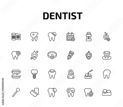 dentist outline icon set. 24 linear vector for ui, web and mobile. thin line gauze, bicuspid, broken tooth and more icons.