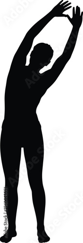 Silhouette of a woman standing and stretching her arms sideways performing yoga or morning exercise isolated on a white background